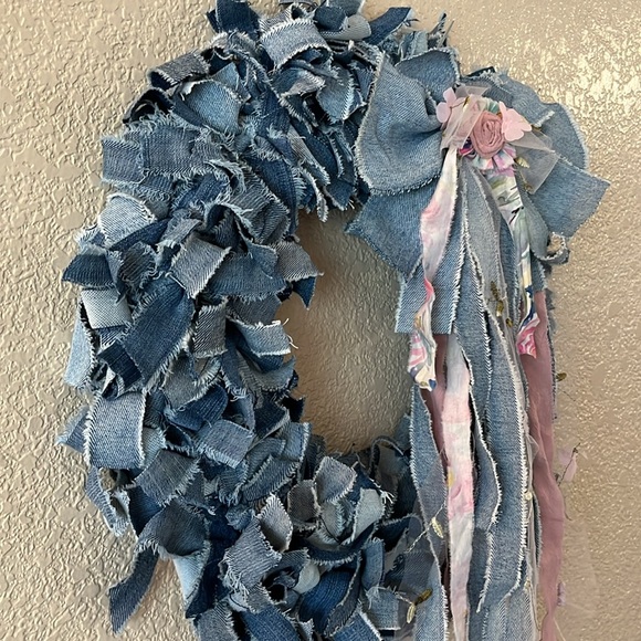 Boho Shabby Rag Wreath Denim Country Cottage Wall Decor Bow Farmhouse - Picture 10 of 12